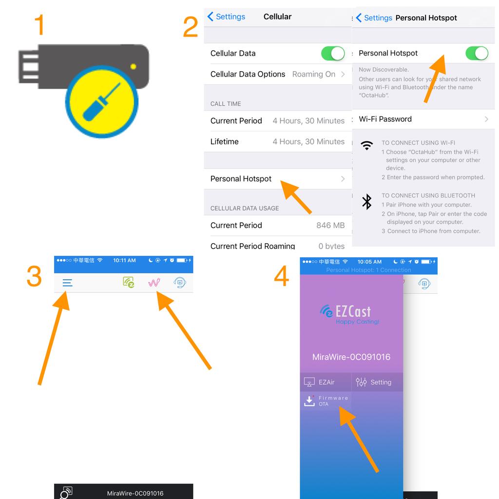 For ios (iphone/ipad) Device Firmware Upgrade (1) Insert a paper clip into the hole on the MiraScreen dongle, and push the key inside the hole to enable HotSpot mode (Internet) (2) Enable Personal