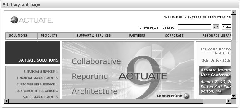 Figure 4-8 Arbitrary web page BusinessReport portlet The BusinessReport portlet runs a BusinessReport (.bizdesign) file. The report s output appears in the portlet.