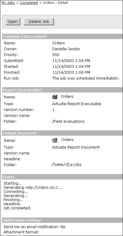 Figure 3-13 Job status Cancelling a scheduled job You can cancel or delete a job before Actuate iserver System processes it. You cannot recover a deleted job.