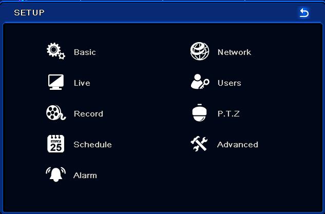 main menu. Then click Setup to enter into Setup interface as shown below. Basic configuration: Users can set video system, menu language, audio, time and authorization check.