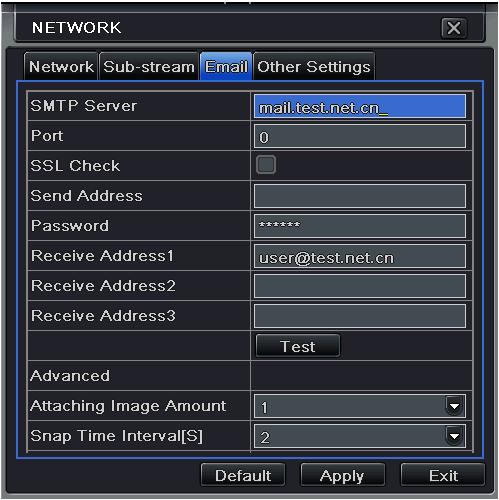 Fig 4-30 network configuration-email SMTP Server/Port: the name and port number of SMTP server.