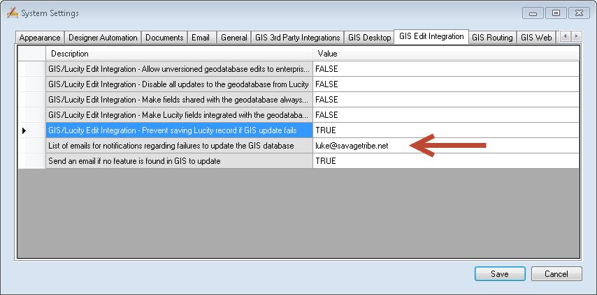 Geodatabase Update Failure Emails The List of emails for notifications regarding failures to update the GIS database item in the System Settings>>GIS Edit Integration Tab sends e-mails to designated