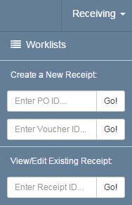 At the bottom of the Search page are four receipt search fields. There is a Yes/No for Receiving Required, or type the Receiver (by HawkID), or Receipt ID. and/or select the preferred Status.