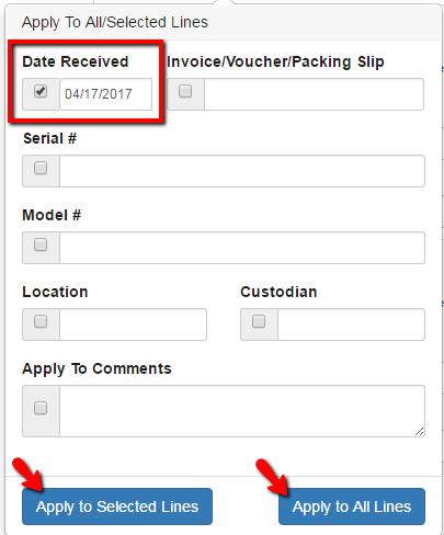 Select Apply To Lines when an order has multiple lines and you want to enter the same information by line.