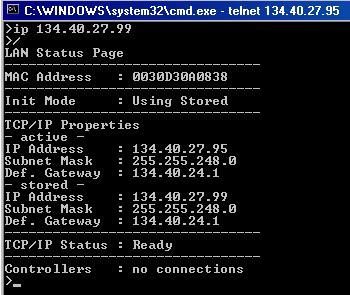 g. Agilent ChemStation), here not connected Figure 52 Telnet - Current settings in "Using Stored" mode 6 Change the IP address (in this example 134.40.27.99) and type / to list current settings.