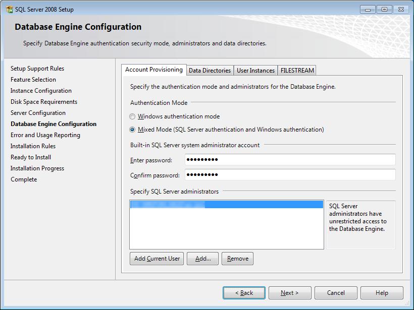 Enterprise Suite Installation and Settings 3 13 On the "Account Provisioning" tab of the "Database Engine Configuration" page, configure the required setting, then click the [Next] button.