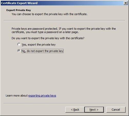 The Certificate Export Wizard starts. 7 Click the [Next] button.
