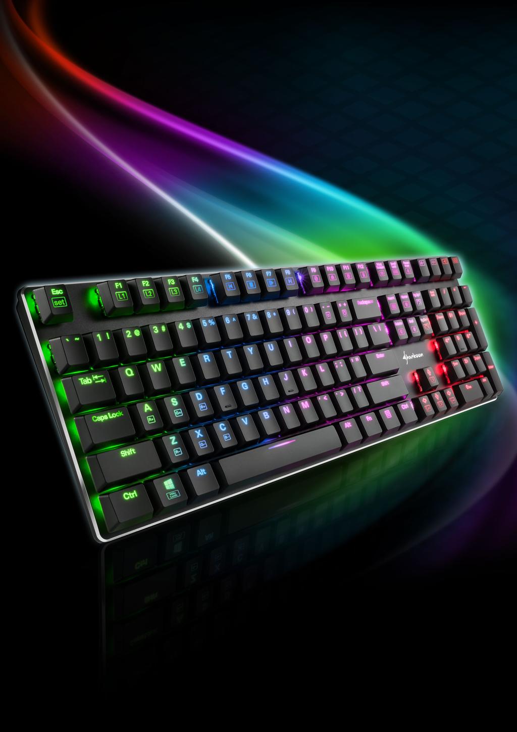 Mechanical gaming keyboard with RGB illumination Enhanced low profile switches (Kailh) Aluminum alloy top cover Supports variety of lighting effects 4 individually programmable