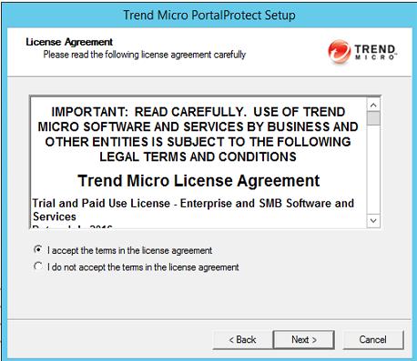 Trend Micro PortalProtect 2.5 Installation and Deployment Guide 3. Click Next >. The License Agreement screen appears. FIGURE 2-40. License Agreement screen 4.