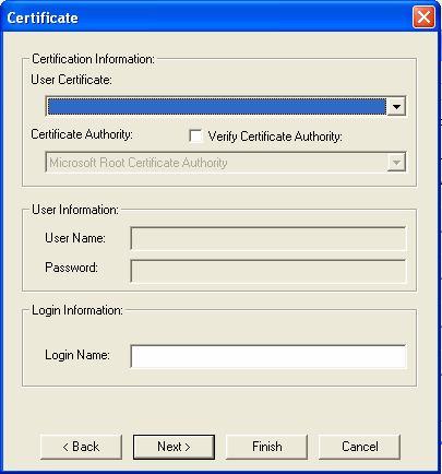 After you select the EAP type, you need to click Certification tab to make advanced setting. The following describes configuration of each available EAP type.