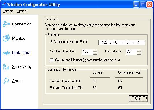 Link Test: The Link Test menu provides a suite of tests which you can run to identify the connection between your computer and the wireless network.