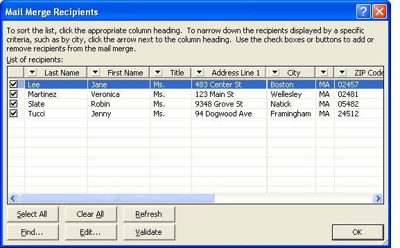 Mail Merge Recipients This screen allows you to filter out only recipients you wish to merge with your label or letter.