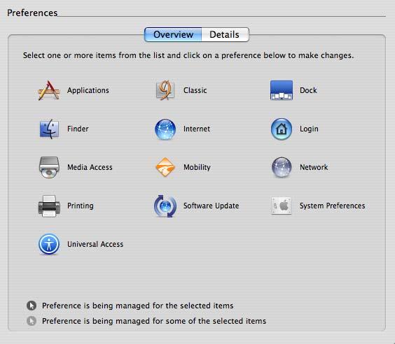Understanding group policies and system preferences Manager settings, including Applications, Dock, Media Access, Mobility, Software Update.
