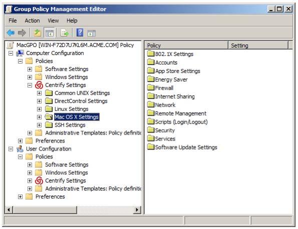 Setting Mac group policies You should now see the categories of Mac group policies listed as Mac OS X Settings under Centrify Corporation Settings in the Group Policy Management Editor.