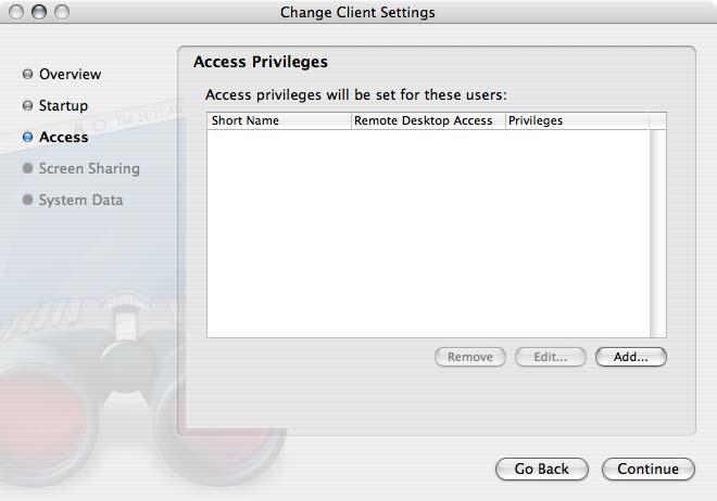 Remote Management similar to access privileges defined on a client computer using the Sharing system preference.