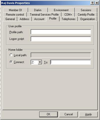 Configuring a network home directory 4 Click the Profile tab, then under Home folder select Connect. 5 In Connect.