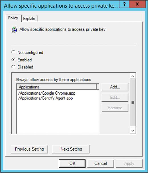 Security & Privacy Settings After this group policy is enabled, the list of applications specified in the group policy are added to the access control list of the autoenrollment private key in system
