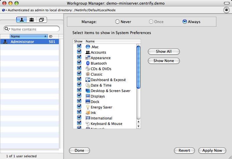System Preference Settings System Preference Settings User Configuration > Policies > Centrify Settings > Mac OS X Settings > Security & Privacy Settings > System Preference Settings Use the User