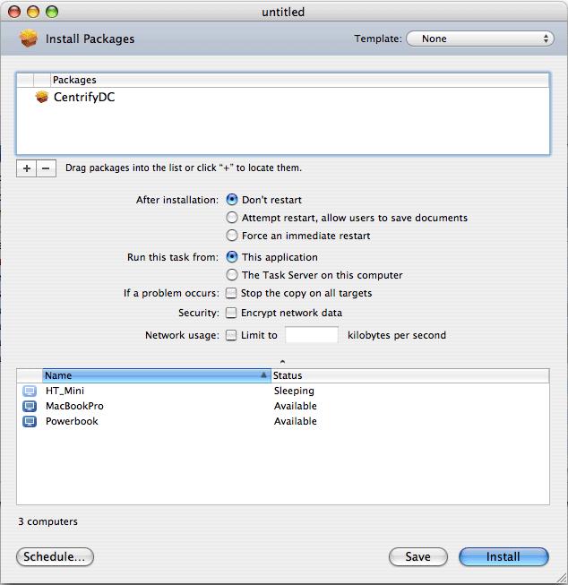 Installing silently on a remote computer 7 In the Centrify agent disk image, select the CentrifyDC.pkg file and click Open to add it to the Install Packages list.