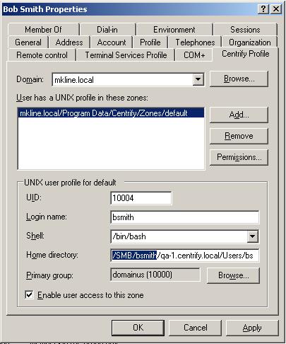 Specifying the Macintosh user s home directory location Select the Centrify Profile tab to see the UNIX name: 5 For the shared directory you specified in Step 3 (for example, Users), set full