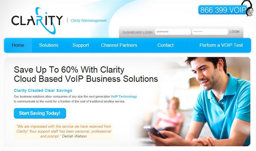 I. Login, Configure 911, and Change Your Password Step 1. In your Internet browser, go to www.claritytel.com to login. You will see the following home page. Step 2.