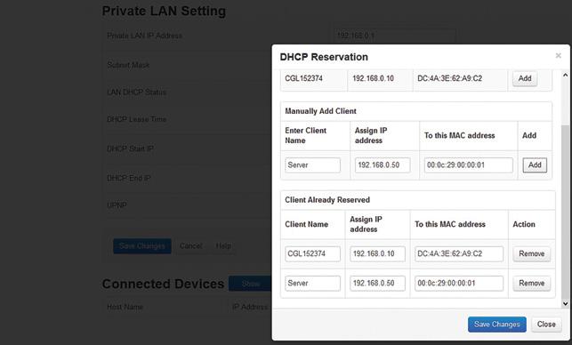 3. To remove a DHCP Reservation, follow these steps: 1. Within the bottom section, Client Already Reserved, locate the target client you wish to remove. 2. Click Remove. 3.