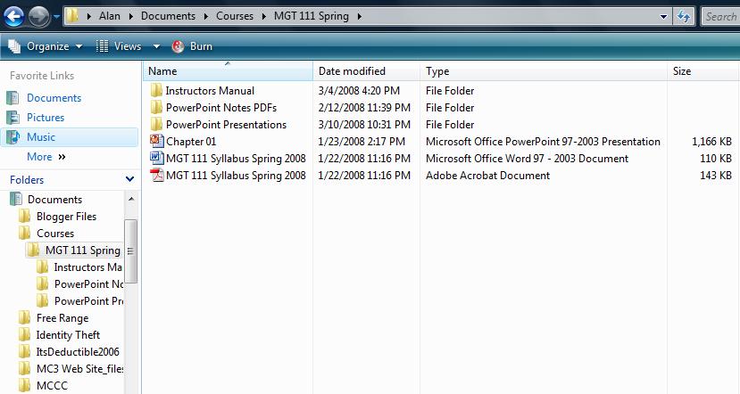 File Management Files and folders inside MGT 111 Spring folder MGT 111 Spring folder selected Folders presented in a hierarchical structure
