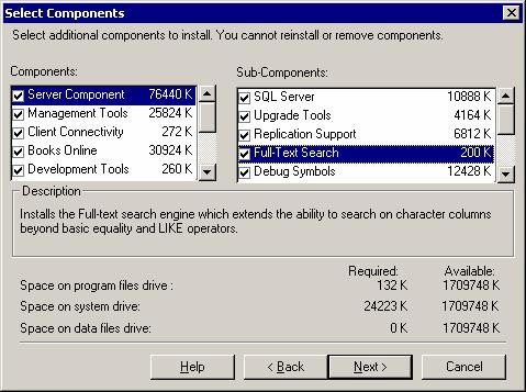 Screenshot 6 - Installing full text search 3. In the next dialog click on 'Server Component' in the 'Components:' list and check the 'Full-Text Search' item in the 'Sub-Components:' list.
