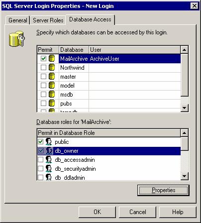Screenshot 10 - Enabling the db owner field 9. In the second section of the dialog (Database roles) make sure to check the 'db_owner' role. 10. Click OK to save and exit the dialog (on exist a dialog will come up so that you confirm the password for the user you just created).