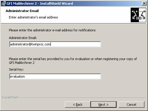 2. In the License agreement dialog box, accept the agreement and continue the installation. Screenshot 12 - Entering the administrator email address and product license key 3.