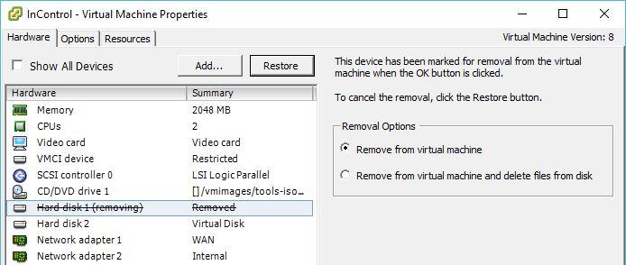 Identify and select the system hard disk (usually Hard disk 1 ) Select the Remove from virtual machine radio button