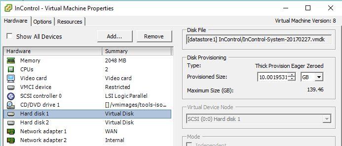 Open InControl VM properties again Select 'Add > Existing virtual disk > Browse and select the disk file InControl-