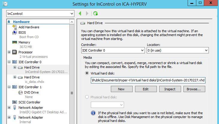 5. Open InControl VM settings. Identify and select the system hard disk. Replace the virtual hard disk with the newly downloaded InControl-System- a.b.