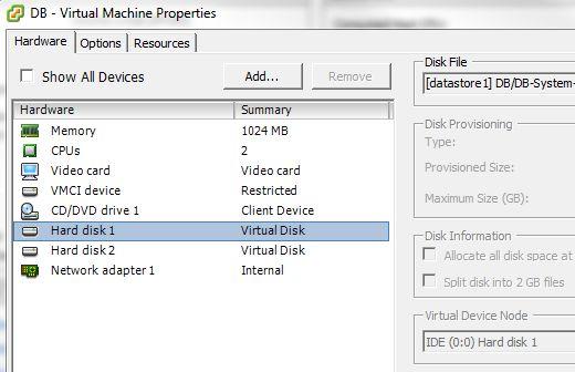 Now you can Edit Settings of each VM. Remove the created SCSI disk. For the InControl VM, add the InControl-System.vmdk on IDE (0:0) and create an empty 20 GB disk on IDE (0:1).