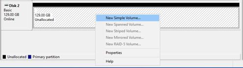 3. Right-click Disk 2 and choose New Simple Volume 4.