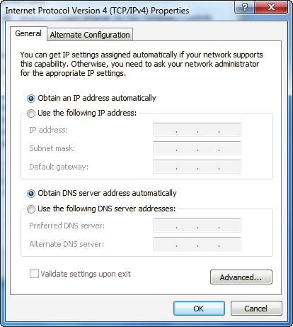In the Internet Protocol version 4 (TCP/IPv4) window, select Obtain an IP address automatically and