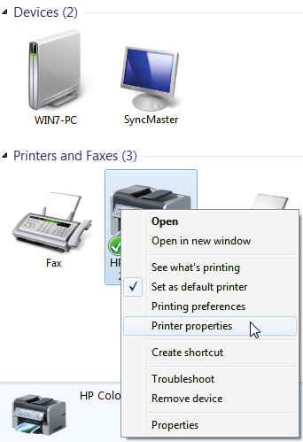 2. Right-click the printer and select Printer properties. 3.