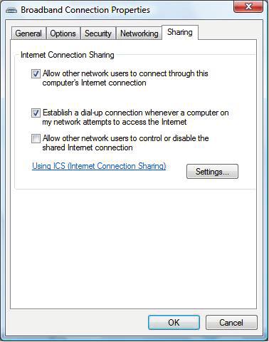 4. In the Sharing tab, tick the Allow other users to connect through this computer's Internet connection and Establish a dial-up connection whenever a computer on my network attempts to access the