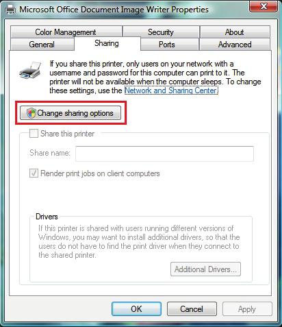 4. In the Printer Properties window, click the Change sharing options button.