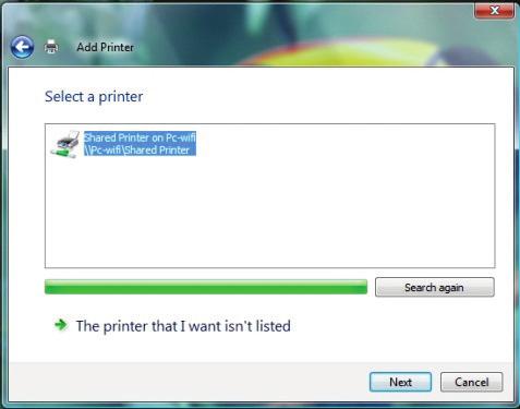 5. Windows searches for the shared printers on your network. Select the shared printer. 6. Click Next. 7. If necessary, accept installation of the printer s drivers when prompted to do so by Windows.