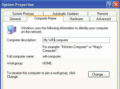 4.5.6. Windows XP: Modifying a workgroup name (advanced users) It may happen that you need to change the name of your workgroup (advanced users only). To do so, proceed as follows: 1.