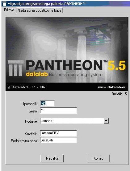 3 Opis praktičnega izobraževanja 3.1 Migracija Pantheon-a 5.5 Ker je s 31.3.2009 Datalab prenehal z vgrajevanjem zakonskih sprememb, novosti in popravkov v Pantheon 5.