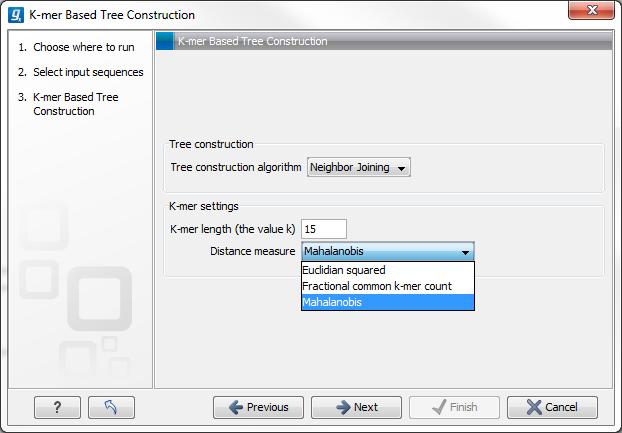 Select reconstruction method, specify the k-mer length and select a distance measure.