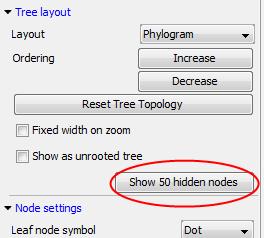 Figure 5.13: When hiding nodes, a new button labeled "Show X hidden nodes" appears in the Side Panel under "Tree Layout". When pressing this button, all hidden nodes are brought back.