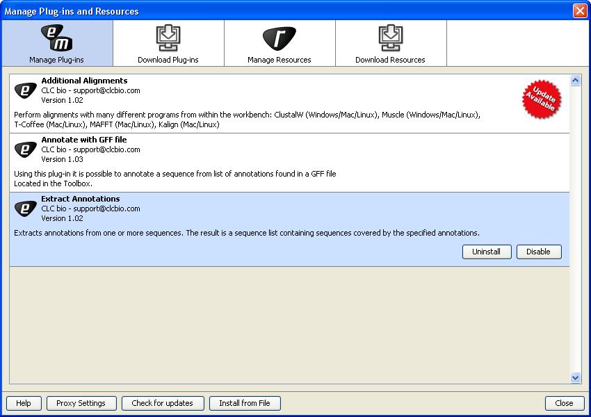 CHAPTER 2. SYSTEM REQUIREMENTS AND INSTALLATION OF THE PHYLOGENY MODULE 9 Figure 2.2: The plug-in manager with plug-ins installed. The installed plug-ins are shown in this dialog.