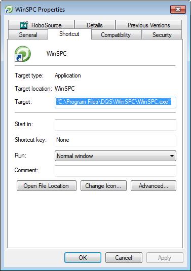 b. In the WinSPC Properties dialog box that is displayed, on the Shortcut tab, note the path in the Target field. This path is the path to the installation folder.