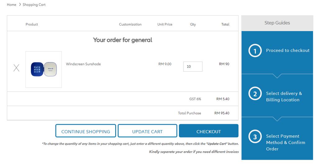 Step 3. After added to cart, click VIEW MY CART to review the selected products. Step 4. Click CHECKOUT. Click x to remove the item No.