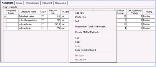 b If you are changing the Scan Type from MRM to Dynamic MRM or to Triggered MRM, you can copy and paste the transitions from the Clipboard to the new Scan segments table.