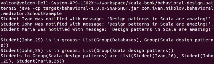 // notify school.notifystudentsingroup(group1, "Design patterns in Scala are amazing!") // see groups System.out.println(s"$student3 is in groups: ${school.