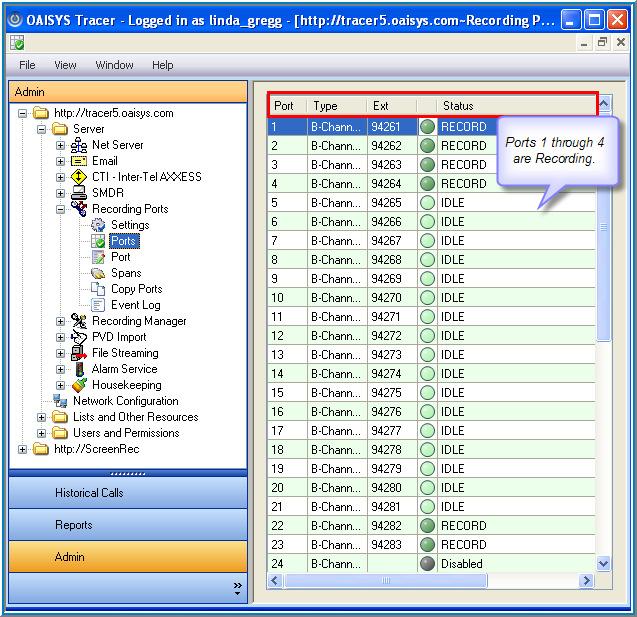 Recording Ports Settings -- A green light indicates ports are connected and working. Total Ports Total number of connected Talkument ports. VoIP Ports Total number of Talkument VoIP ports.